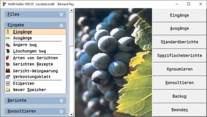 Hauptmenü der weinkeller-Software